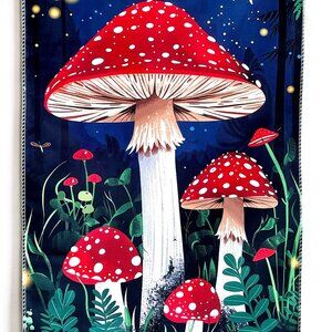 Red & White Polka Dotted Mushrooms Forest at Night Fireflies Yard Garden Flag
